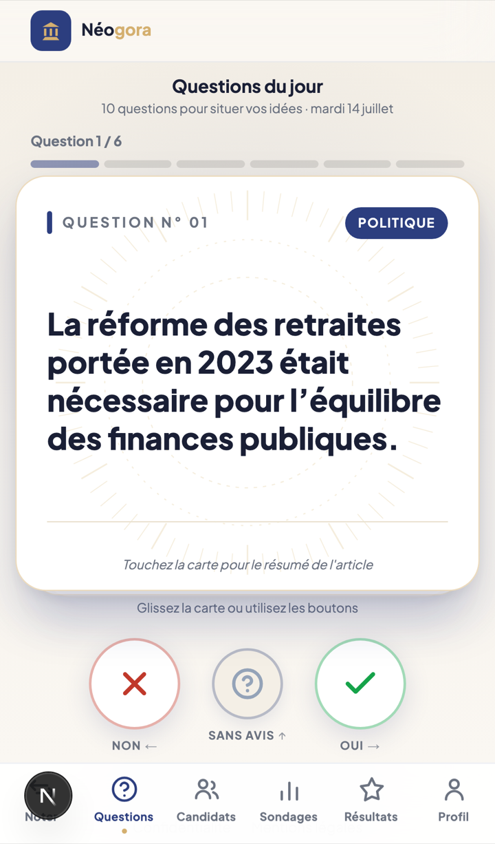 Capture d’écran de l’application Néogora — Les questions du jour